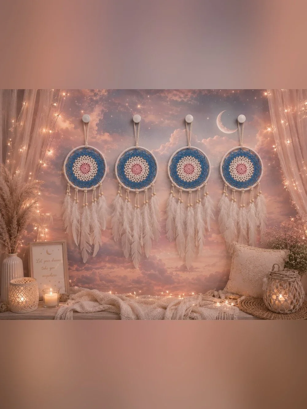 Boho Blue & Cream Dreamcatcher Wall Hanging YOU GET 4!!!